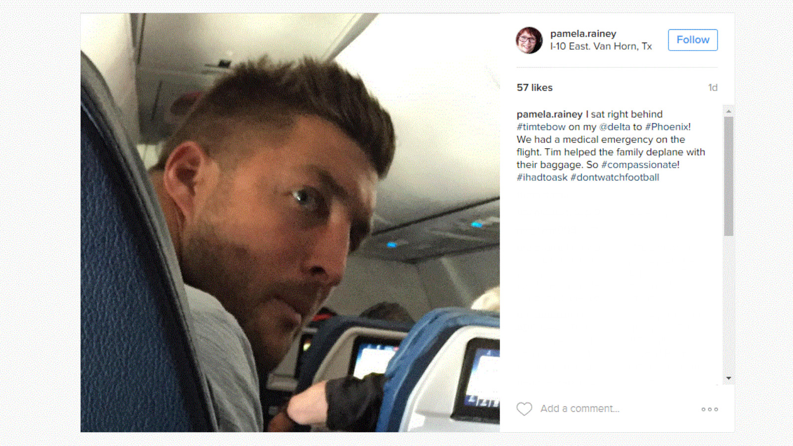 Tim Tebow helps airplane passengers during an on-flight medical