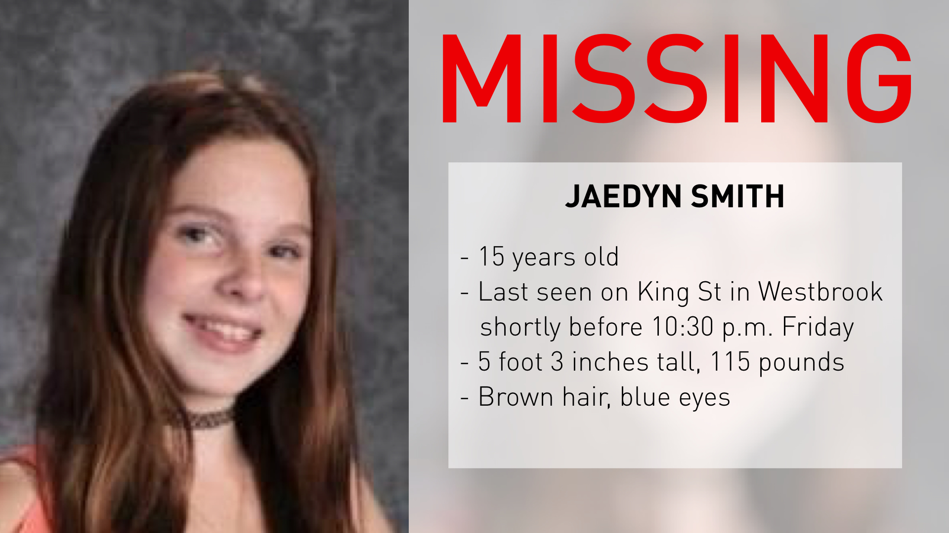 Missing 15 Year Old Girl From Westbrook Found Safe