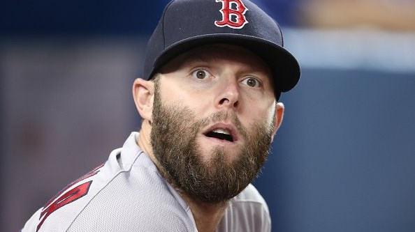 Foul tip bloodies Pedroia's face